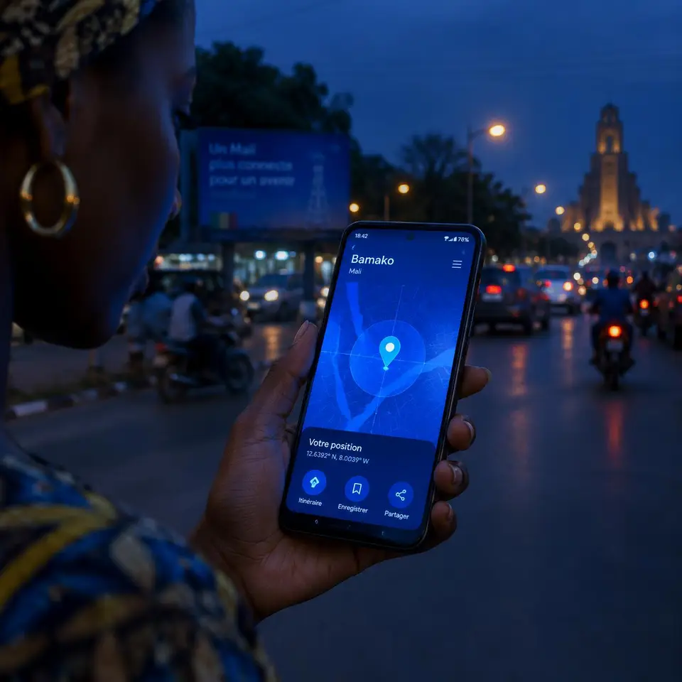 Téléphone affichant la position sur une carte à Bamako